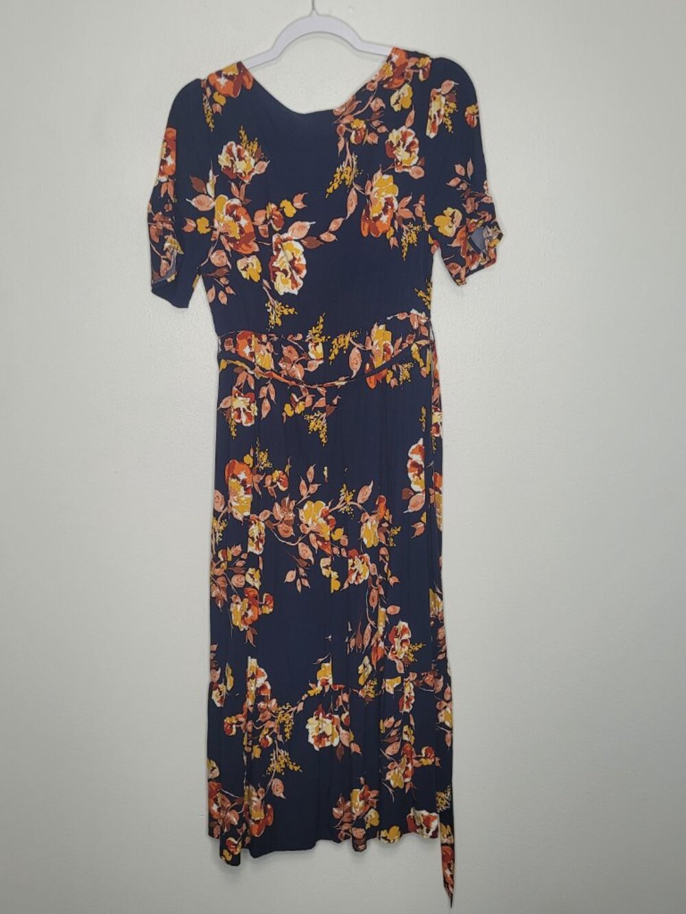 Isabel Maternity dark blue orange floral elastic waist belt tie cottage dress M - Picture 3 of 7